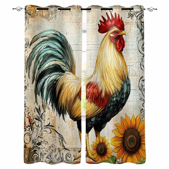 Vintage Rooster Blackout Curtains for Bedroom Living Room Darkening Curtains 84 Inch Length 2 Panels Set Sunflower Watercolor Farmhouse Animals Window Curtain Window Treatment Grommet Drapes 52"x84"