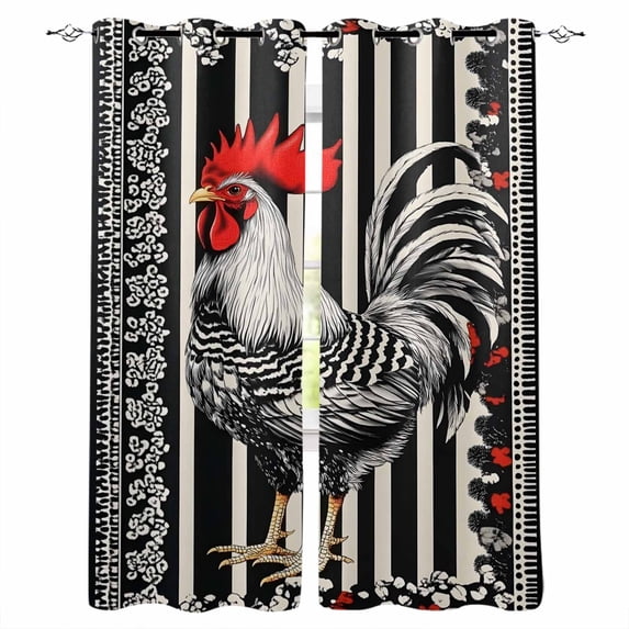 Vintage Rooster Blackout Curtains for Bedroom Living Room Darkening Curtains 90 Inch Black White Striped Watercolor Black Out Window Curtain Privacy Window Treatment Grommet Drapes 52"x90"x2