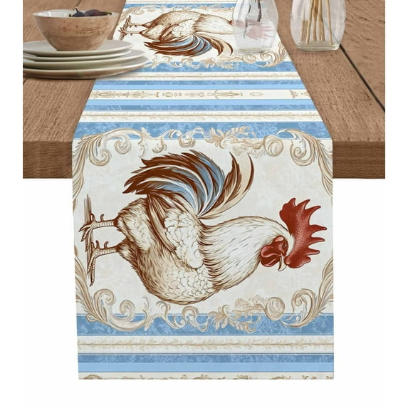 Vintage Rooster Burlap Cotton Table Runner 13x48 Inches Long, Farmhouse Striped Watercolor Animals Farmhouse Table Runners, Outdoor Dining Tablecloths Decor for Baby Shower/Party/Wedding