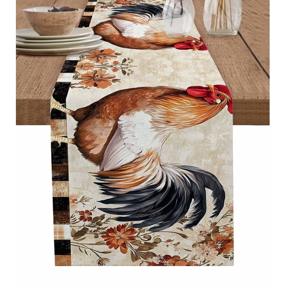 Vintage Rooster Burlap Cotton Table Runner 13x70 Inches Long, Spring Flower Elegant Animals Farmhouse Table Runners, Outdoor Dining Tablecloths Decor for Baby Shower/Party/Wedding