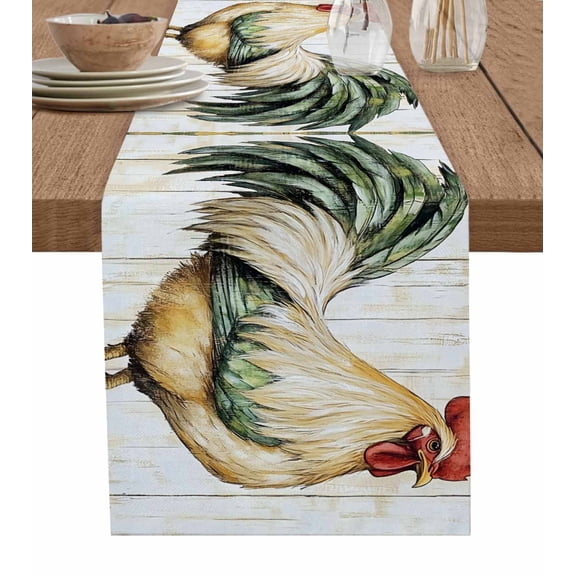 Vintage Rooster Burlap Cotton Table Runner 16x72 Inches Long, White Animals Wooden Watercolor Farmhouse Table Runners, Outdoor Dining Tablecloths Decor for Baby Shower/Party/Wedding
