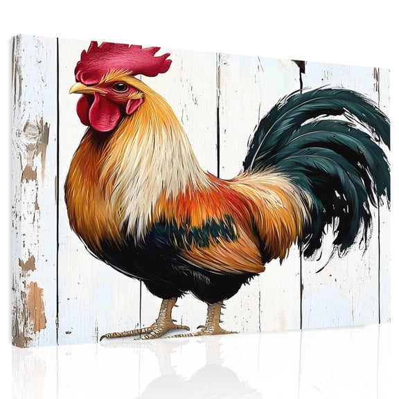 Vintage Rooster Canvas Print Wall Art, Colorful Chicken White Wooden Broad Wall Decor Modern Artwork Paintings Pictures for Living Room Framed and Stretched Ready to Hang, 24" x 32"
