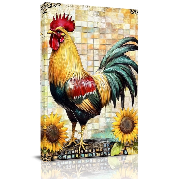 Vintage Rooster Canvas Wall Art for Living Room, Farmhouse Sunflower Watercolor Country Checkered Poster Print Painting for Bedroom Office Home Decoration Wall Pictures Prepare To Hang 22"x28"