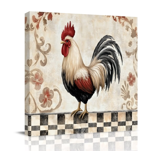 Vintage Rooster Canvas Wall Art for Living Room, Flower Pastoral Animals White Farmhouse Country Poster Print Painting for Bedroom Office Home Decoration Wall Pictures Prepare To Hang 8"x8"
