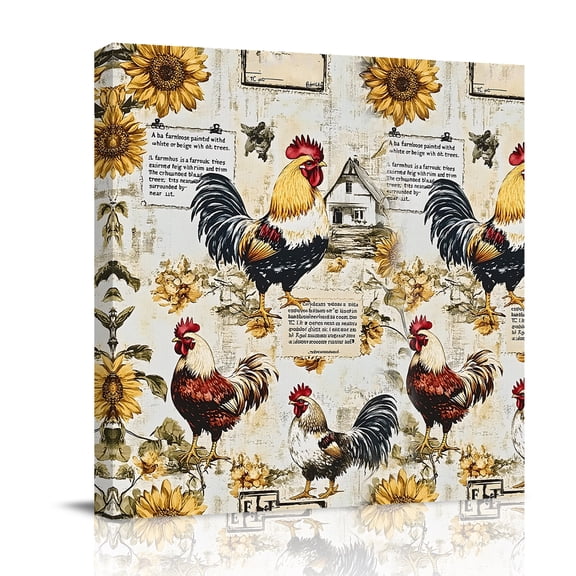 Vintage Rooster Canvas Wall Art for Living Room, Sunflower Farmhouse Rural Country Poster Print Painting for Bedroom Office Home Decoration Wall Pictures Prepare To Hang 16"x16"