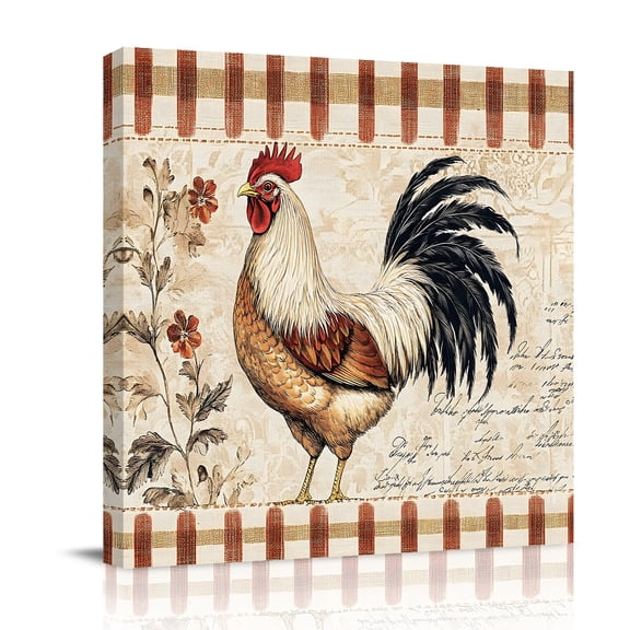 Vintage Rooster Canvas Wall Art for Living Room, Watercolor Spring Floral Animals Farmhouse Country Poster Print Painting for Bedroom Office Home Decoration Wall Pictures Prepare To Hang 16"x16"