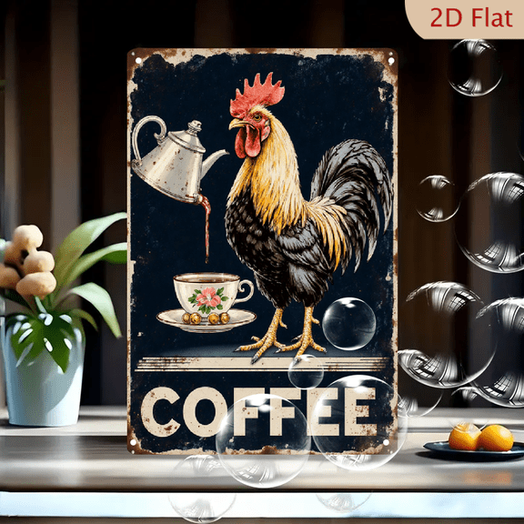 Vintage Rooster Coffee Metal Wall Art Sign, 8x12 Inch Rustic Farmhouse Decor with Bird Pouring Brew into Teacup, Distressed Blue Retro Poster for Kitchen Cafe