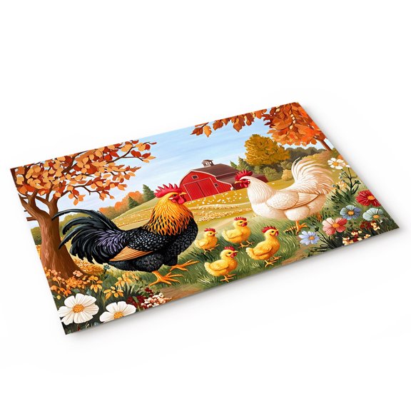 Vintage Rooster Door Mat Farm Yellow Chick Maple Tree Flower Country Farmhouse Non Slip Absorbent Entrance Mat Washable Low Profile Indoor Doormat for Front Door Entryway Entry 20"x31"