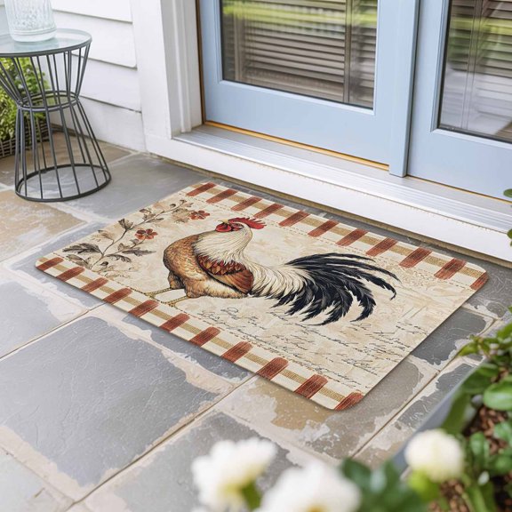 Vintage Rooster Door Mat Indoor Outdoor,Watercolor Spring Floral Farmhouse Animals Non Slip Welcome Mat with Rubber Backing,Absorbent Front Door Mats Entryway Rug for Home Patio Entrance 18"x30"