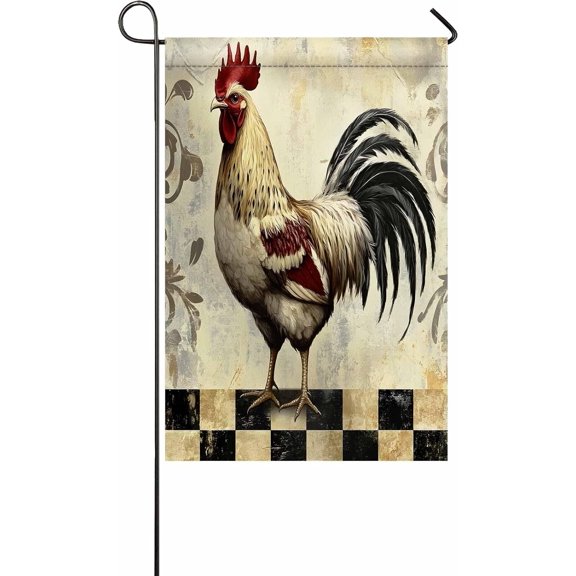 Vintage Rooster Double Sided Garden Flag 12 x 18 Inch Polyester Vertical Yard Banner Retro Plaid Watercolor Outdoor Decor