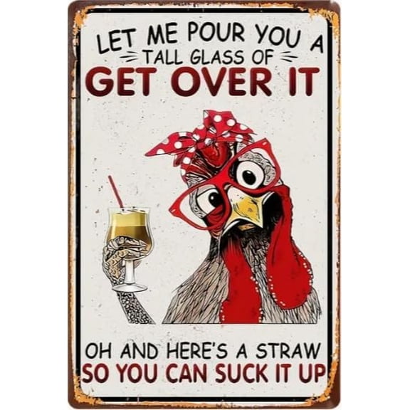 Vintage Rooster Drinking Metal Sign, Funny Chicken Quote Wall Decor, 8 x 12 inches