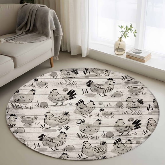 Vintage Rooster Farmhouse Round Area Rug 4ft, Grey Wooden Farm Animals Striped Washable Non-Slip Circle Rugs for Bedroom Living Room Kitchen, Soft Non Shedding Circle Carpet for Dining Room Dorm