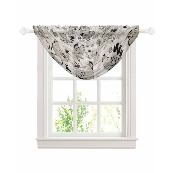 Vintage Rooster Farmhouse Sheer Waterfall Valance Curtains for Window, Grey Wooden Farm Animals Striped Rod Pocket Sheer Topper Swag Curtains for Living Room, Kitchen 38.5"W x 47.2"L, 1 Panel