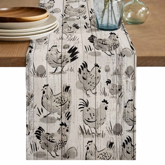 Vintage Rooster Farmhouse Table Runner 48 Inches, Grey Wooden Farm Animals Striped Bed Runner Dresser Scarves Tabletop for Indoor Outdoor Parties/Ceremony/Banquet, 13" x 48"