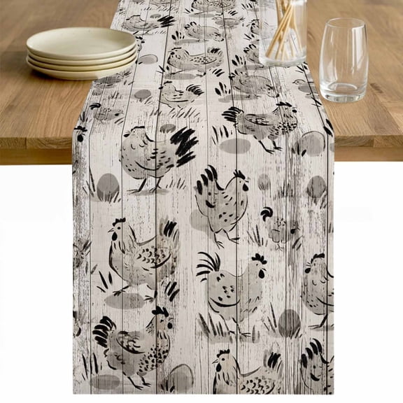 Vintage Rooster Farmhouse Table Runner - 70 Inch Long Grey Wooden Farm Animals Striped Cotton and Linen Blended Dress Scarves Farmhouse Table Runner for Kitchen Dining, Coffee Table, 13" x 70"