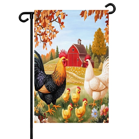 Vintage Rooster Garden Flag 12x18 Inch Farm Yellow Chick Maple Tree Flower Country Farmhouse Double Sided Small Decorative Garden Flags for Outside, Outdoor Yard Porch Lawn Decoration