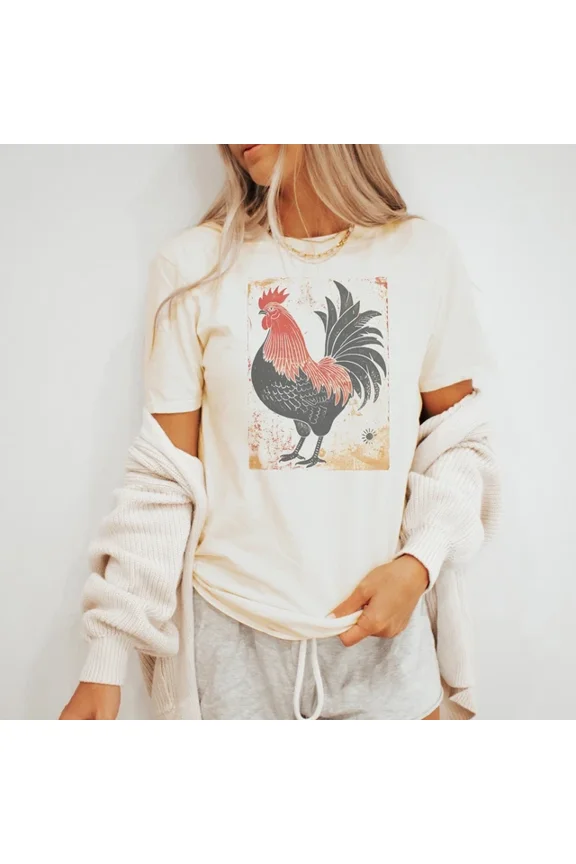Vintage Rooster Graphic Tee Rustic Farmhouse Style Natural Shirt Size S-5Xl Heygategoo Tee