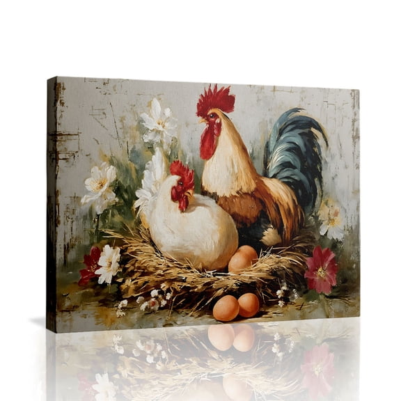 Vintage Rooster & Hen Nest Canvas Wall Art (Rustic Farm Tone) Ready to Hang for Kitchen
