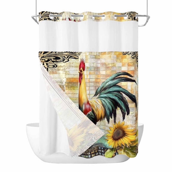 Vintage Rooster No Hook Shower Curtain Waterproof, Bathroom Curtains with Snap in Liners and See Through Top Window, Pastoral Floral Watercolor Animals Hotel Style Bathtub Curtains Shower 72"Wx96"L