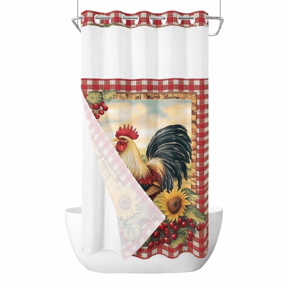 Vintage Rooster No Hook Shower Curtain Waterproof, Bathroom Curtains with Snap in Liners and See Through Top Window, Pastoral Watercolor Sunflower Plaid Hotel Style Bathtub Curtains Shower 36"Wx72"L