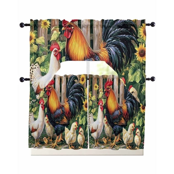 Vintage Rooster Kitchen Curtains Set for Windows 3 Piece Cafe Curtains 24 Inch Length Swag Curtains Valances and Tier Set Farmhouse Animals Watercolor Sunflower Drapes for Bedroom Bathroom