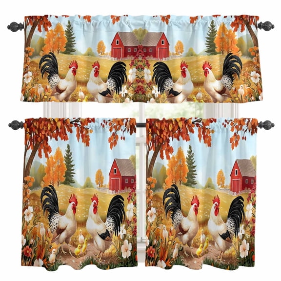 Vintage Rooster Kitchen Curtains Valances and Tiers Set of 3 Farm Chick Maple Tree Flower Country Farmhouse Tier Curtains and Valance with Rod Pocket for Small Windows, 27.5"x24"
