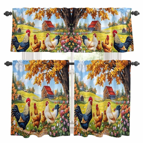 Vintage Rooster Kitchen Curtains Valances and Tiers Set of 3 Farm Chick Maple Tree Flower Tree Farmhouse Tier Curtains and Valance with Rod Pocket for Small Windows, 27.5"x24"