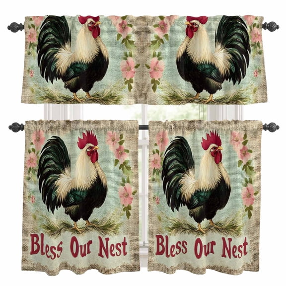 Vintage Rooster Kitchen Curtains Valances and Tiers Set of 3 Farmhouse Bless Our Nest Animals Pastoral Linen Texture Tier Curtains and Valance with Rod Pocket for Small Windows, 27.5"x24"