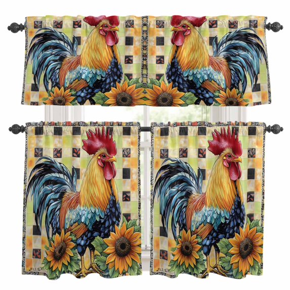 Vintage Rooster Kitchen Curtains Valances and Tiers Set of 3 Farmhouse Retro Sunflower Animal Floral Color Checkered Tier Curtains and Valance with Rod Pocket for Small Windows, 27.5"x36"