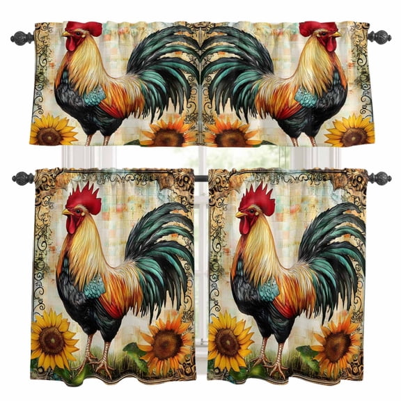 Vintage Rooster Kitchen Curtains Valances and Tiers Set of 3 Farmhouse Sunflower Checkered Watercolor Country Tier Curtains and Valance with Rod Pocket for Small Windows, 27.5"x24"