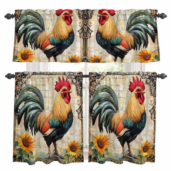 Vintage Rooster Kitchen Curtains Valances and Tiers Set of 3 Sunflower Checkered Watercolor Farmhouse Country Tier Curtains and Valance with Rod Pocket for Small Windows, 27.5"x24"