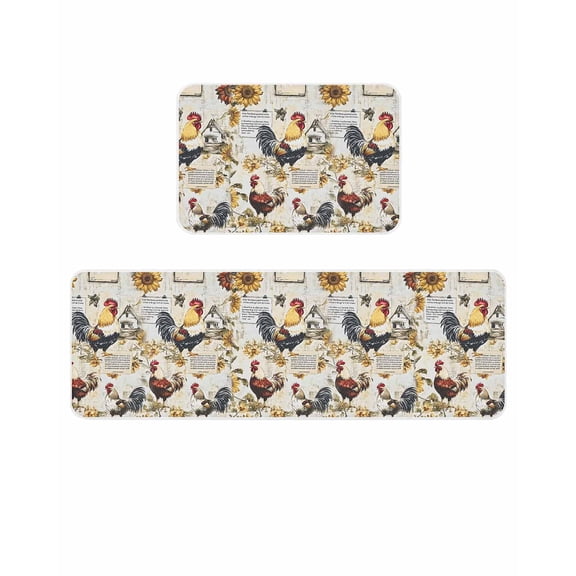 Vintage Rooster Kitchen Mats for Floor 2 Piece, Sunflower Farmhouse Rural Country Absorbent Non-Slip Kitchen Rugs Comfort Standing Mat for Laundry, Hallways 15.7"x23.6"+15.7"x47.2"