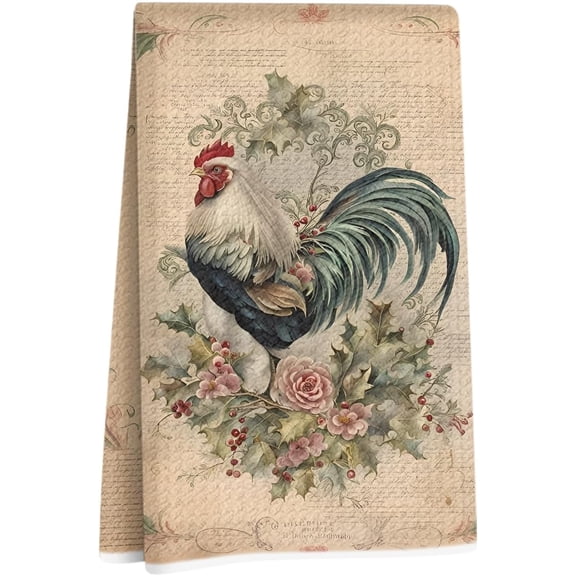 Vintage Rooster Kitchen Towels, Rustic Decorative Absorbent Microfiber Dish Cloth Tea Towel, Chicken Waffle Soft Hand Towels for Farmhouse Home Bathroom Kitchen Decor, Rooster Gifts
