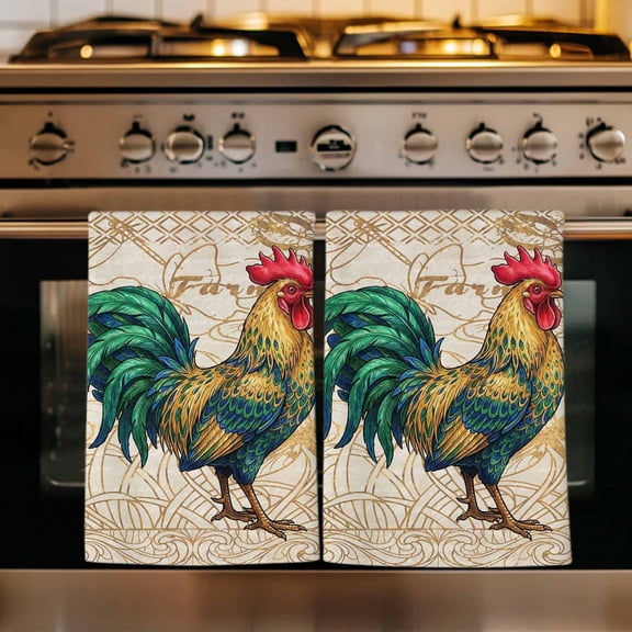 Vintage Rooster Kitchen Towels Set of 4, Elegant Retro Animals Farmhouse Absorbent Dish Towels for Kitchen, Microfiber Hand Towel, Quick Drying Tea Towel for Cleaning Decorative Dishcloths