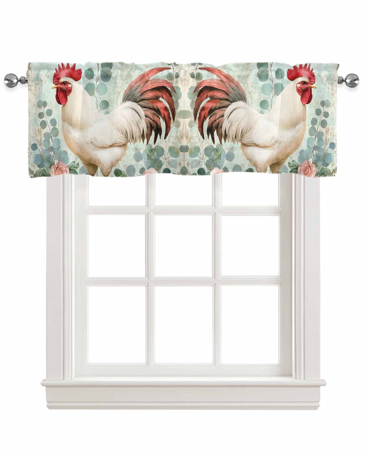 Vintage Rooster Kitchen Valances for Windows Farmhouse Linen Window Valance Curtain for Living Room Window Treatment Eucalyptus Leaves Animals Spring Roses Valance Rod Pocket Topper, 60 x 18 Inch