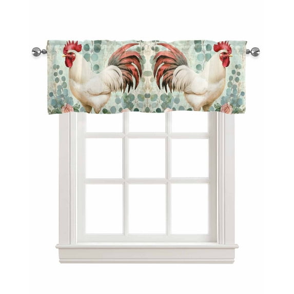 Vintage Rooster Kitchen Valances for Windows Farmhouse Linen Window Valance Curtain for Living Room Window Treatment Eucalyptus Leaves Animals Spring Roses Valance Rod Pocket Topper, 42 x 18 Inch