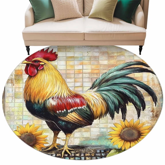 Vintage Rooster Large Area Rugs for Bedroom Living Room, Soft Non Slip Carpet Bedside Rug, Pastoral Floral Watercolor Animals Round Floor Cover Kitchen Accent Rug 5' for Dining Room/Office