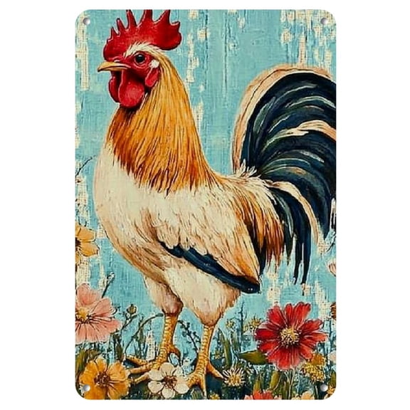 Vintage Rooster Metal Tin Sign - Rustic Farmhouse Wall Art, 8"x12", Vibrant Floral Design with Colorful Roosters, Indoor/Outdoor Decor for Kitchen, Office, Cafe & Garage, Western Home Decor