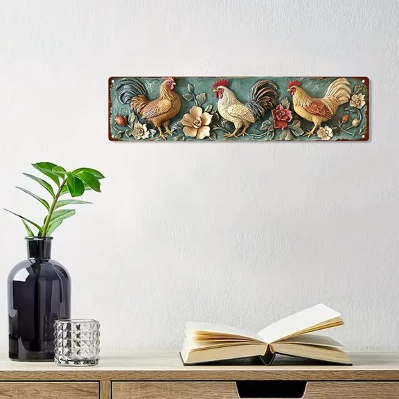 Vintage Rooster Metal Wall Art Sculpture for Home, Bar, Cafe Decoration - Perfect Rustic Farmhouse Style, 4x16 Inches