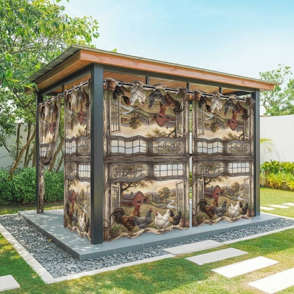 Vintage Rooster Outdoor Curtains for Patio Waterproof, Grommet Outdoor Privacy Panels, Barn Farmhouse Art Animals Tree Weatherproof Outside Curtains for Porch/Cabana 54"Wx108"L, 1 Panel