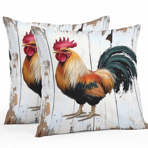 Vintage Rooster Outdoor Pillow Covers Pack of 2 Colorful Chicken White Wooden Broad Waterproof Throw Pillow Covers Decorative Cushion Cases for Patio Garden Tent Balcony Couch 24x24 inch