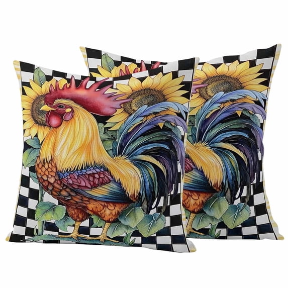 Vintage Rooster Pillow Covers 2 Pack Farmhouse Sunflower Black Checkered Animal Floral Pillowcase Waterproof Outdoor Throw Pillow Cover for Patio Garden Square Cushion 20”x20”