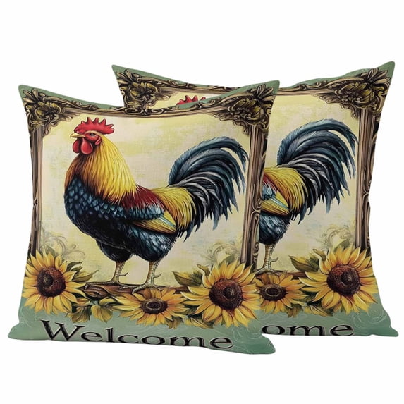 Vintage Rooster Pillow Covers 2 Pack Welcome Farmhouse Sunflower Animal Rustic Country Pillowcase Waterproof Outdoor Throw Pillow Cover for Patio Garden Square Cushion 16”x16”
