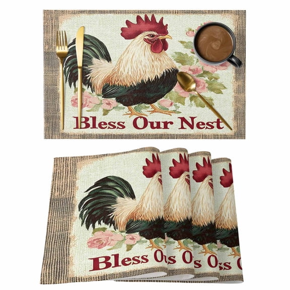 Vintage Rooster Placemats Set of 1, Farmhouse Bless Our Nest Animal Flower Pastoral Non-Slip Place Mats Washable Table Mats for Kitchen Dining Table Decorations Indoor/Outdoor