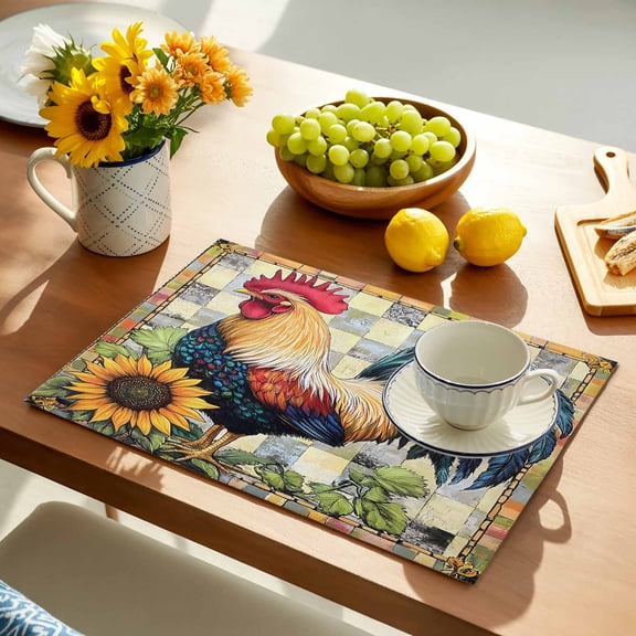 Vintage Rooster Placemats Set of 1, Farmhouse Retro Sunflower Animal Floral Checkered Non-Slip Place Mats Washable Table Mats for Kitchen Dining Table Decorations Indoor/Outdoor