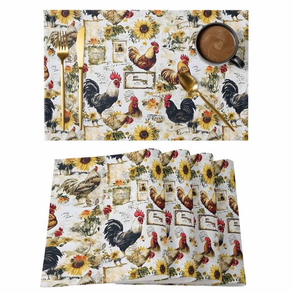 Vintage Rooster Placemats Set of 1, Sunflower Farmhouse Rural Country Non-Slip Place Mats Washable Table Mats for Kitchen Dining Table Decorations Indoor/Outdoor