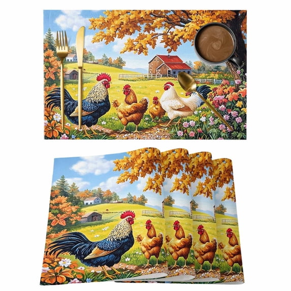 Vintage Rooster Placemats Set of 4, Farm Chick Maple Tree Flower Tree Farmhouse Non-Slip Place Mats Washable Table Mats for Kitchen Dining Table Decorations Indoor/Outdoor