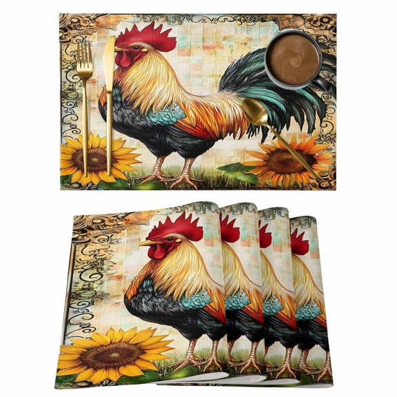 Vintage Rooster Placemats Set of 6, Farmhouse Sunflower Checkered Watercolor Country Non-Slip Place Mats Washable Table Mats for Kitchen Dining Table Decorations Indoor/Outdoor