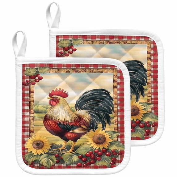 Vintage Rooster Pot Holders for Kitchen Heatproof Potholder, 2 Pack Pastoral Watercolor Sunflower Plaid Hot Pads Multipurpose Oven Pads Cloth Potholders Trivet for Cooking and Baking