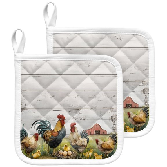 Vintage Rooster Pot Holders for Kitchen Heatproof Potholder, 2 Pack Wooden Animals Barn Farmhouse Art Hot Pads Multipurpose Oven Pads Terry Cloth Potholders Trivet for Cooking and Baking